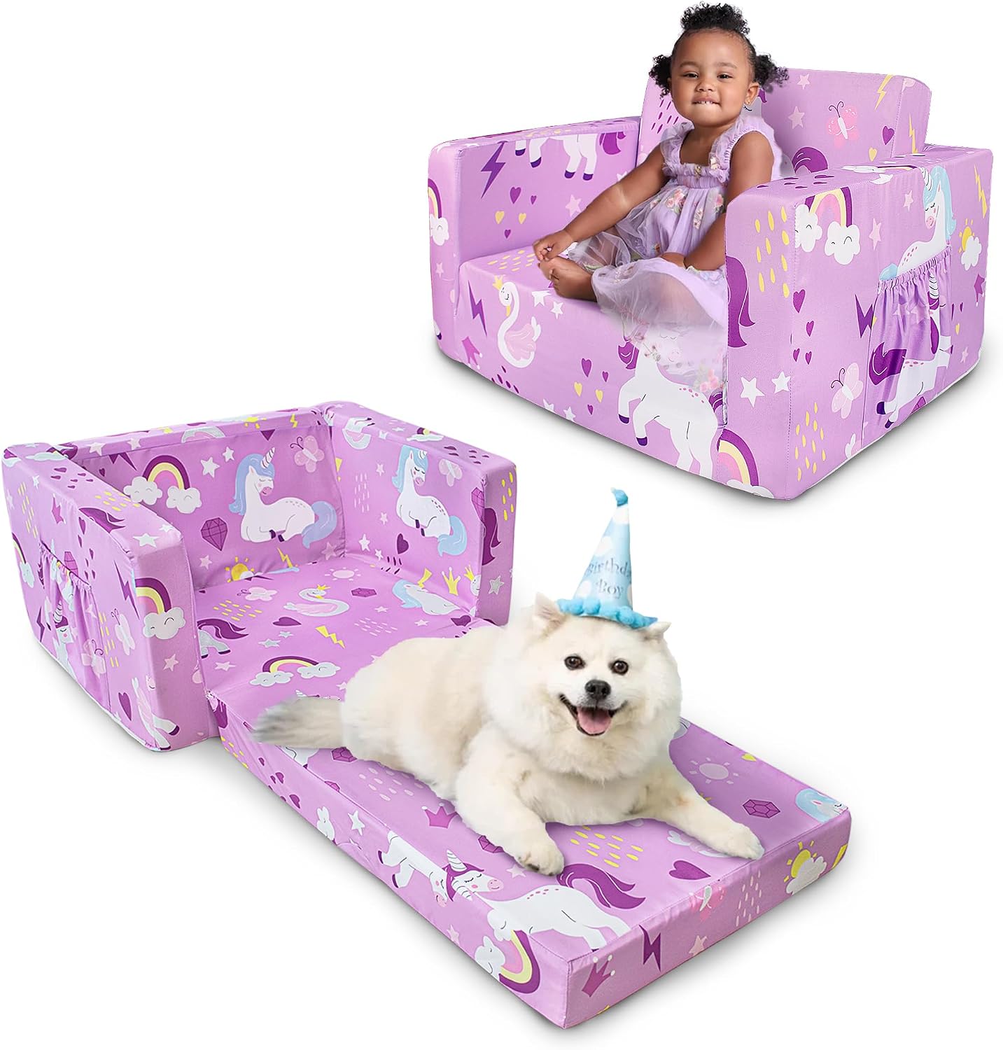 Kids Couch, 2-in-1 Toddler Sofa Fold Out, Soft Toddler Chair for Boys and Girls, Convertible Sofa to Lounger- Ideal for Napping, Reading, and Playing