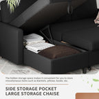 Walsunny 77" Sectional Sleeper Sofa with Pull Out Bed, Modern L-Shaped Corduroy Convertible Couch with Storage Chaise, Reversible Sofa Bed for Small Spaces, Apartment, Office, Black