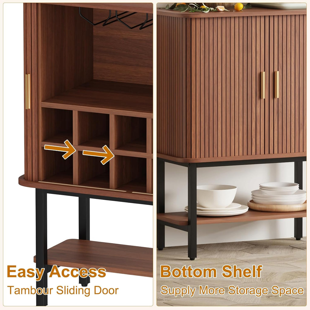 Wine Cabinet with Storage, Liquor Cabinet with Sliding Doors & Open Wine Rack, Fluted Wine Bar Cabinet with Glass Holder, Coffee bar Cabinet for Dining Room, Living Room & Entryway (Brown)