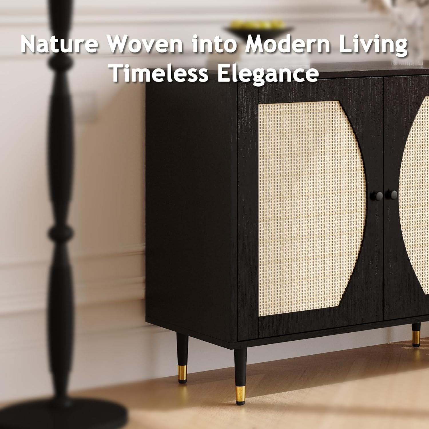 4ever2buy Black Rattan Cabinet, Rattan Buffet Cabinet with Storage, Accent Sideboard Buffet with Adjustable Shelves for Kitchen and Dining Room