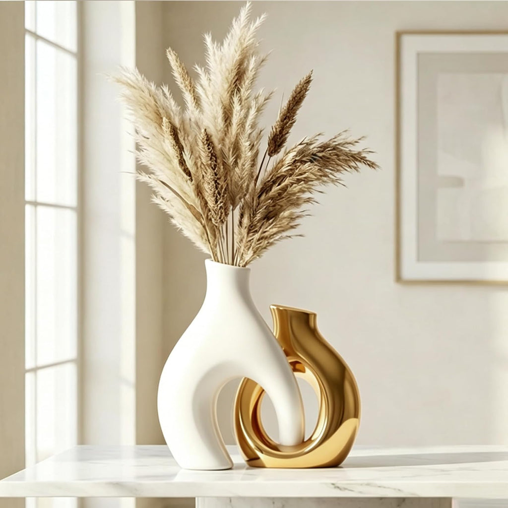 White and Gold Vases, Set of 2 vases Flowers, Pretty Vase Home Decor Boho, Hollow Modern Ceramic vase for Centerpieces (8.46" H & 6.5" H)