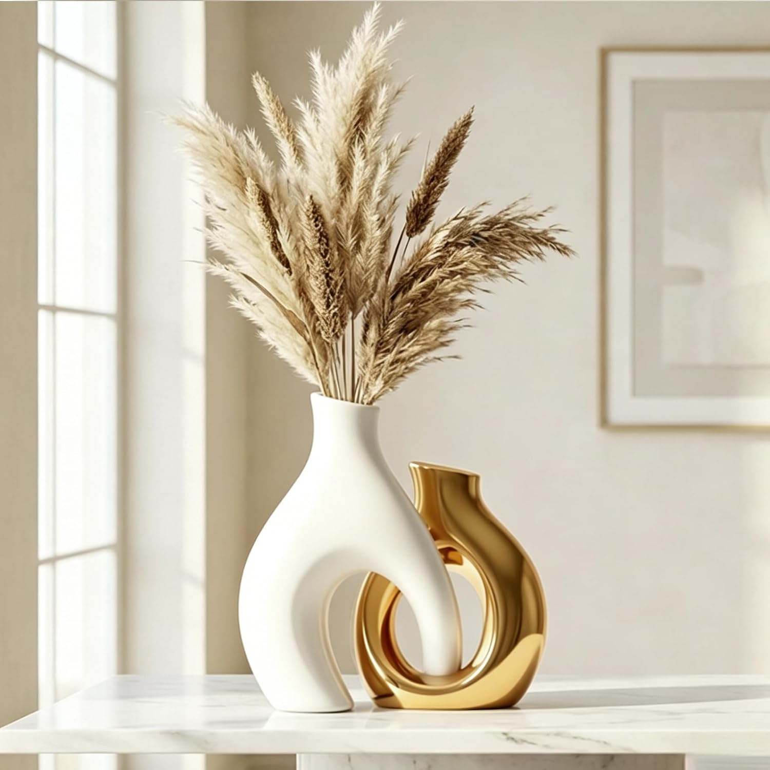 White and Gold Vases, Set of 2 vases Flowers, Pretty Vase Home Decor Boho, Hollow Modern Ceramic vase for Centerpieces (8.46" H & 6.5" H)
