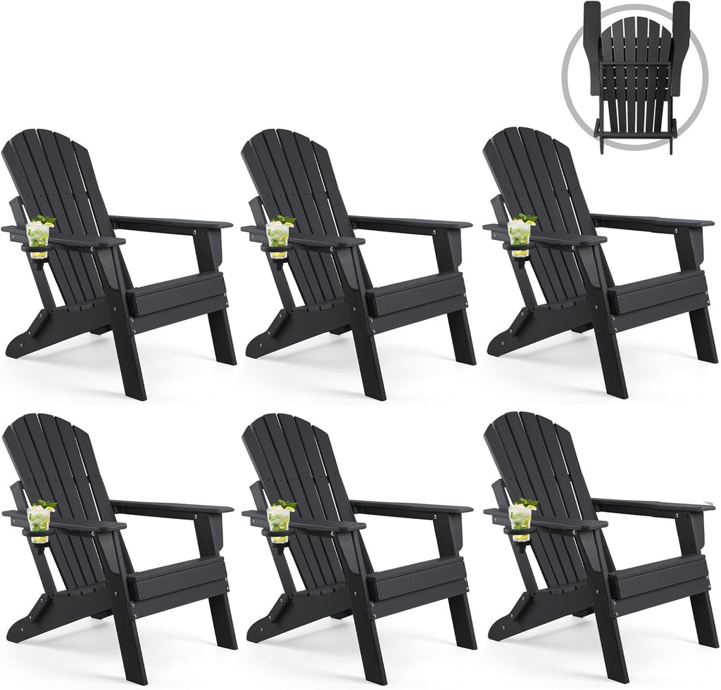 FUNBERRY Folding Adirondack Chair Set of 6, All Weather HDPE Fire Pit Chairs with Cup Holder for Outdoor