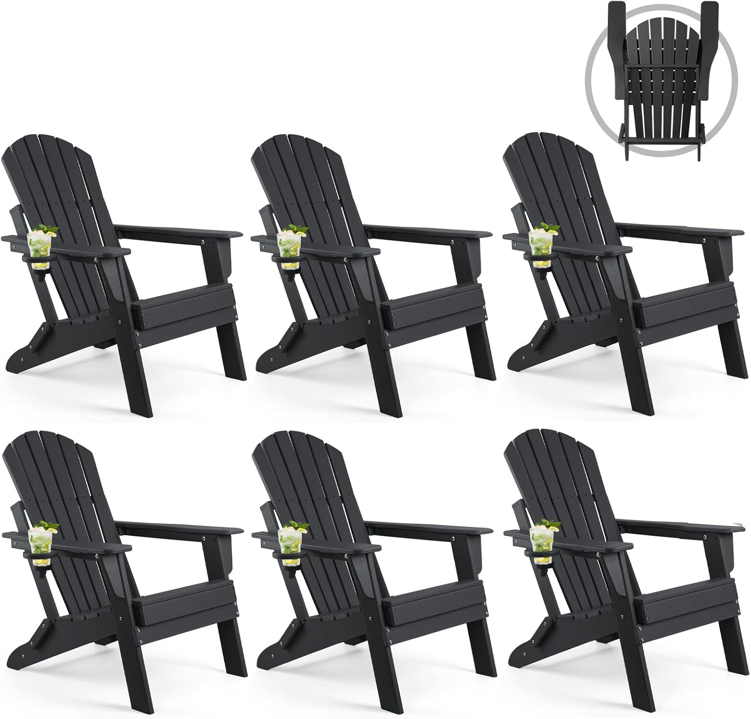 FUNBERRY Folding Adirondack Chair Set of 6, All Weather HDPE Fire Pit Chairs with Cup Holder for Outdoor