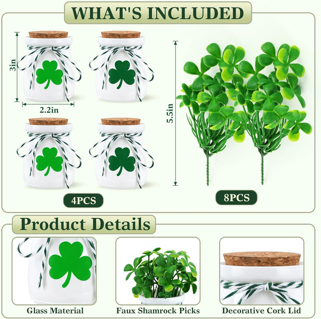 St. Patrick’s Day Decorations for Table – 4 Pack Mini Shamrock Decoration Vases with Artificial Shamrock Picks, St Patrick’s Day Decor for Home & Office