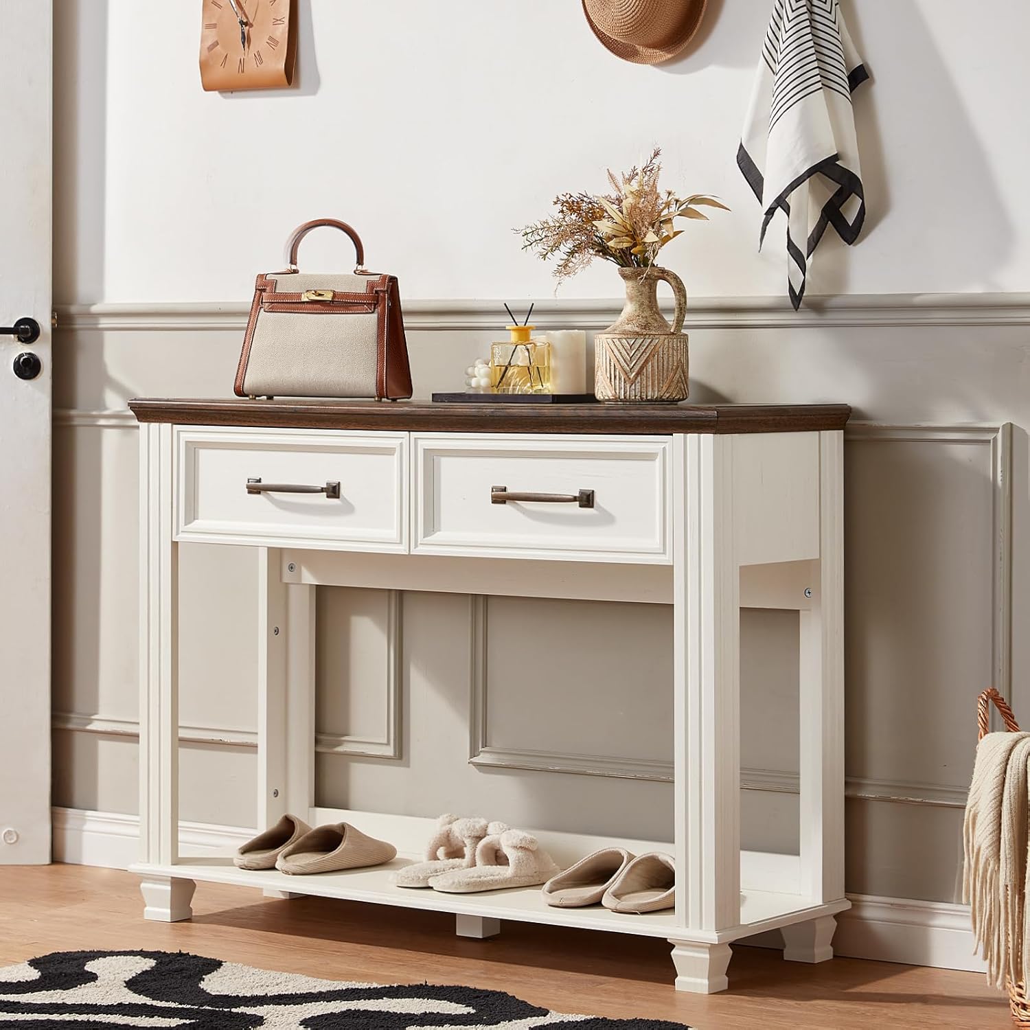 SAVOR LIFE Farmhouse 46" Console Table with 2 Drawers, Rustic Wood 2 Tier Entryway Table with Open Storage Shelf for Entry, Large Mid-Century Vintage Sofa Tables Behind Couch for Living Room, White
