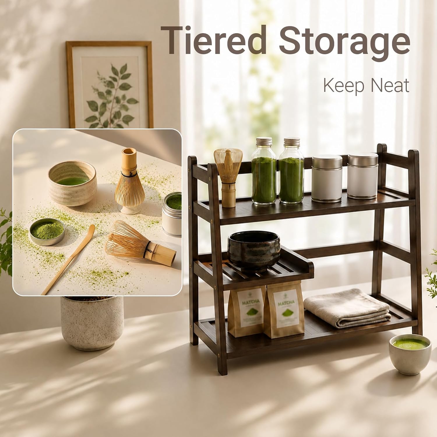 Bamboo 3-Tier Matcha Station, Coffee Organizer & Mug Display for Countertop | brown, solid bamboo structure, 3-tier storage, smooth easy-wipe surface, simple assembly, for kitchen coffee office