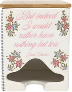Steel Mill & Co Ceramic Tea Bag Dispenser with Bamboo Lid, Tea Storage Container for Kitchen Counter, Organizer for Tea Bags, Cute Bookish Gift for Tea Lovers (Jane Austen Quote)