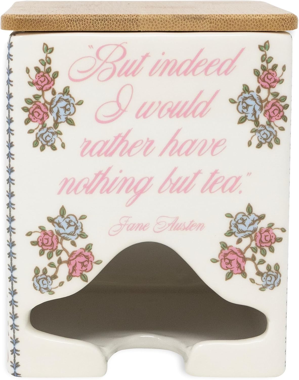 Steel Mill & Co Ceramic Tea Bag Dispenser with Bamboo Lid, Tea Storage Container for Kitchen Counter, Organizer for Tea Bags, Cute Bookish Gift for Tea Lovers (Jane Austen Quote)