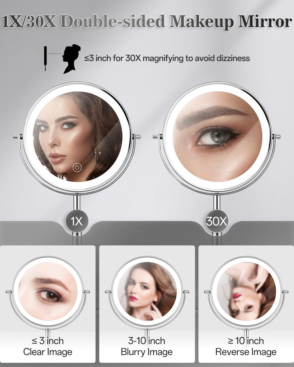 vpu Makeup Mirror with Lights, 1X/30X Lighted Magnifying Mirror Height Adjustable, 3000mAh Rechargeable Double Sided Vanity Mirrors with 3 LED Lighting and Adjustable Brightness for Desk Women Gift