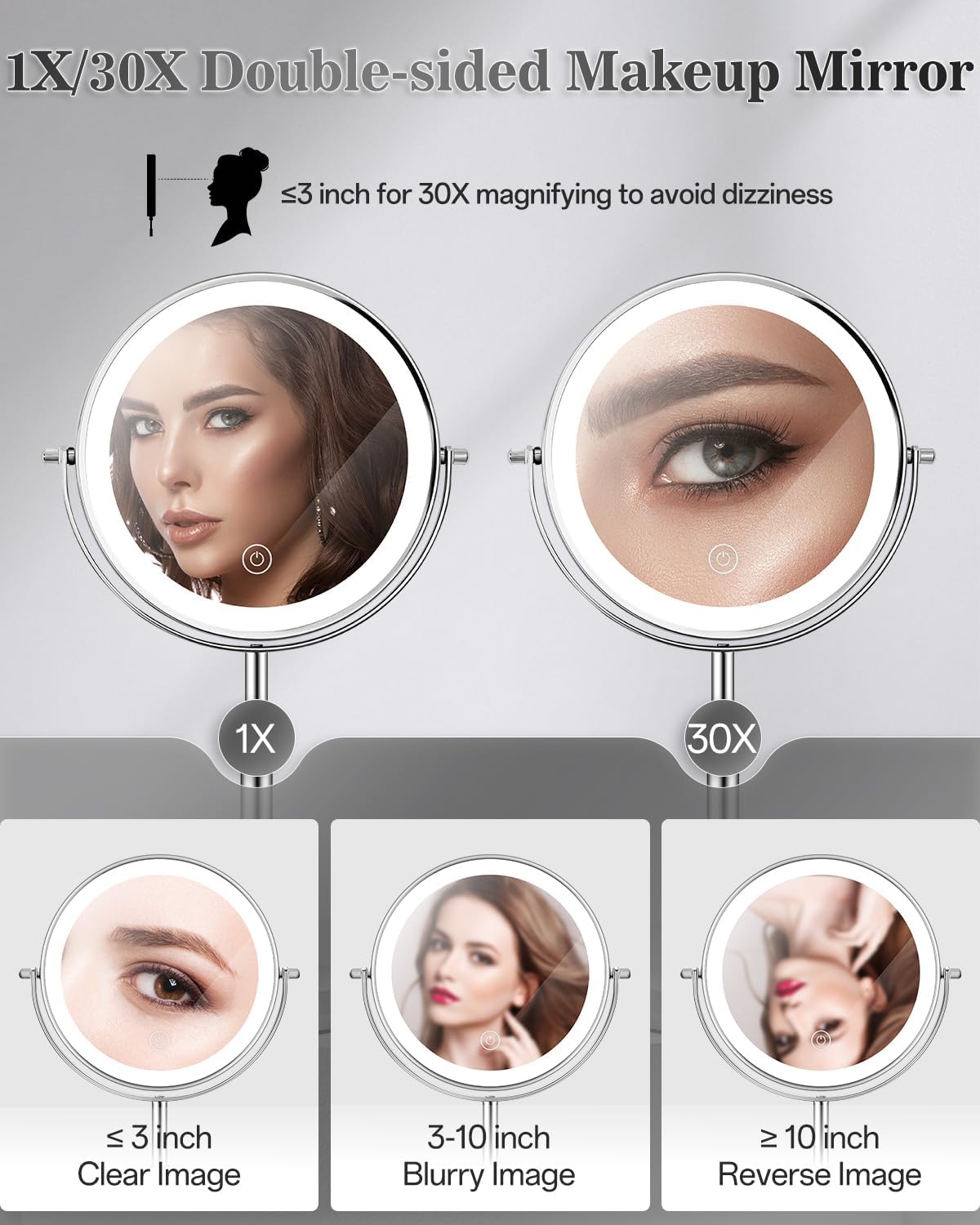 vpu Makeup Mirror with Lights, 1X/30X Lighted Magnifying Mirror Height Adjustable, 3000mAh Rechargeable Double Sided Vanity Mirrors with 3 LED Lighting and Adjustable Brightness for Desk Women Gift