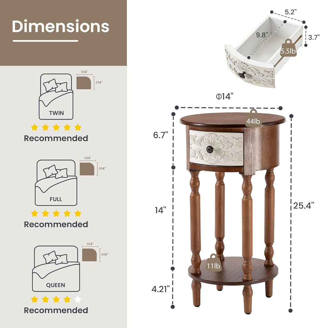 HOMPUS Wood End Table with Drawer, Round End Table with Open Shelf, Vintage Bedside Table with Plumbago Flower Pattern, Tall Wooden Nightstand, Decorative Side Table for Bedroom (Brown, 1 PC)