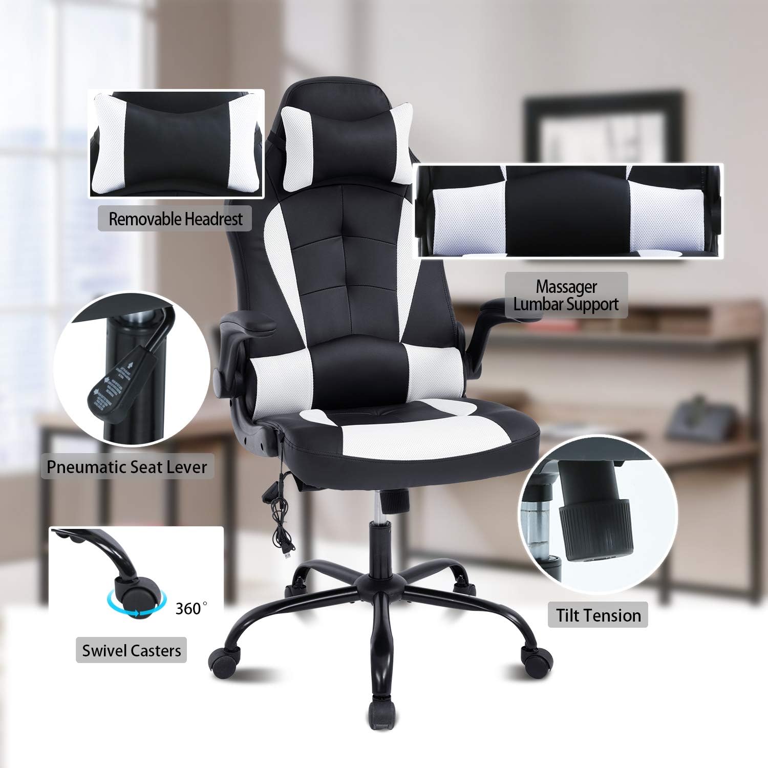HCB Office Chair, Gaming Chair, Ergonomic Computer Desk Chair High Back Rolling Swivel Height Adjustable with Flip-Up Arms, Headrest and Lumbar Support, Massager, Leather （White）