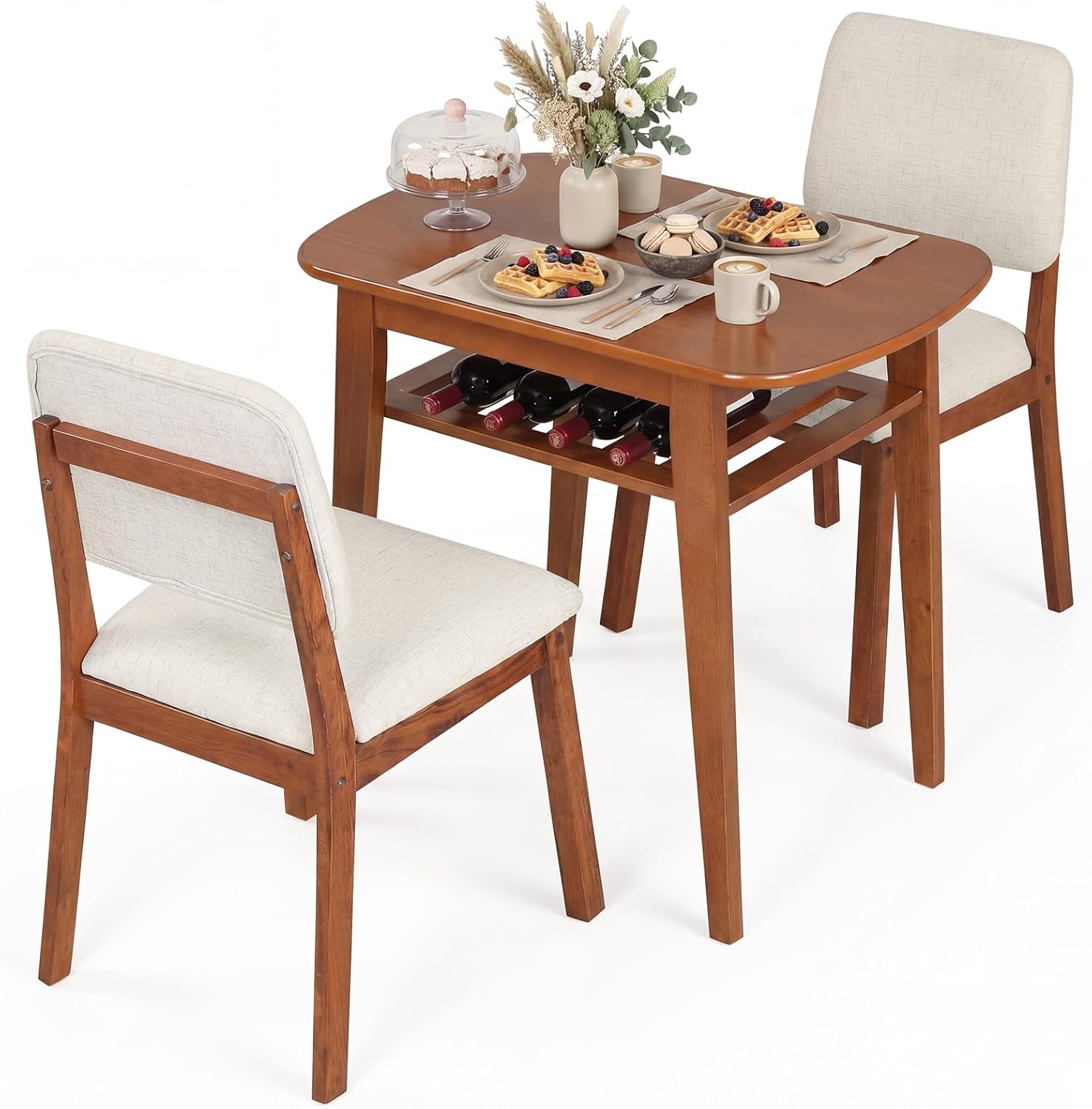Giantex Dining Table Set for 2, Space Saving Kitchen Table and Chairs Set w/Rubber Wood Frame, Storage Rack, Padded Seats & Backrests, Dinette Set for Small Space, Apartment, Dining Room, Walnut