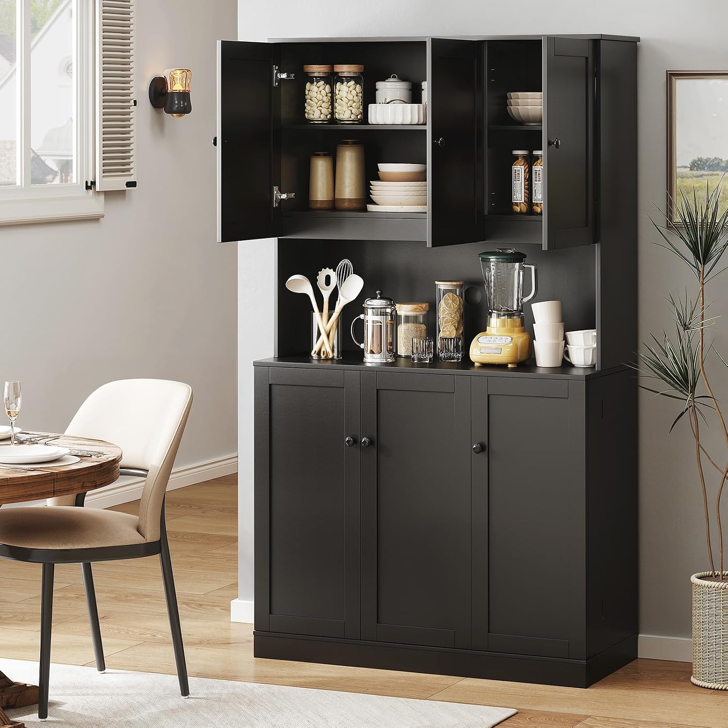 ONBRILL 71" Tall Kitchen Pantry Storage Cabinet with Microwave Stand & Door Shelf, Freestanding Kitchen Hutch with 6 Doors and Adjustable Shelves, Modern Food Pantry for Dining Room, Black