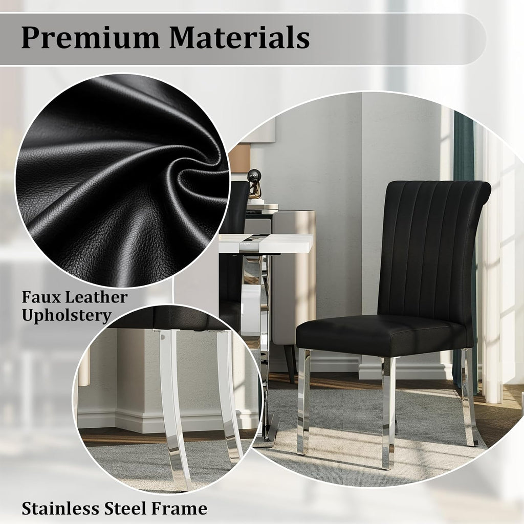 ACEDÉCOR Modern Dining Chairs Set of 4, Black Leather Dining Room Chairs with Silver Stainless Steel Legs, Upholstered Chairs with High Back and Metal Chrome Legs for Kitchen/Living Room/Restaurant