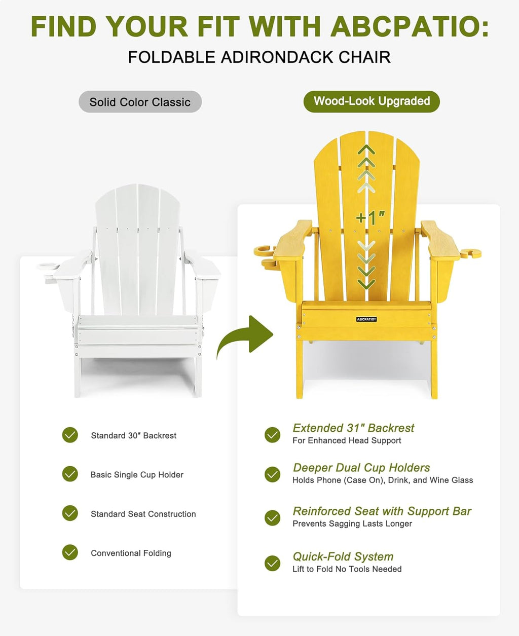 Folding Adirondack Chair with Dual Cup Holders, All-Weather HDPE Patio Chair Deck Chairs Outdoor, Fire Pit Chairs for Garden, Lawn,Backyard, Pool, Yellow (Wood Grain Finish)