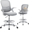 Drafting Chair Tall Office Chair for Standing Desk Counter Height Adjustable, Egronomic Lumbar Support with Flip Up Armrest, Footrest, Rolling, Grey, 1pc