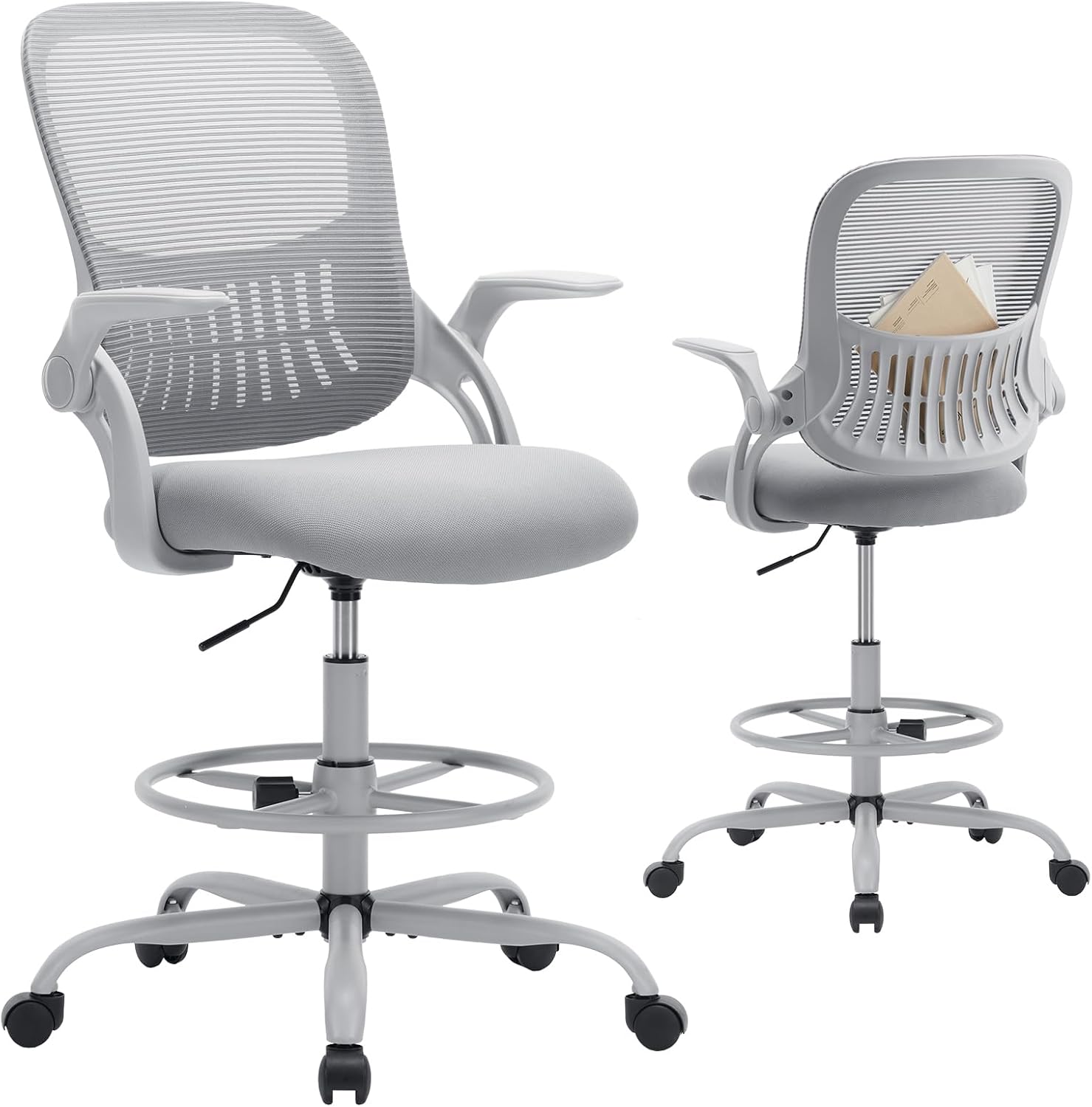Drafting Chair Tall Office Chair for Standing Desk Counter Height Adjustable, Egronomic Lumbar Support with Flip Up Armrest, Footrest, Rolling, Grey, 1pc