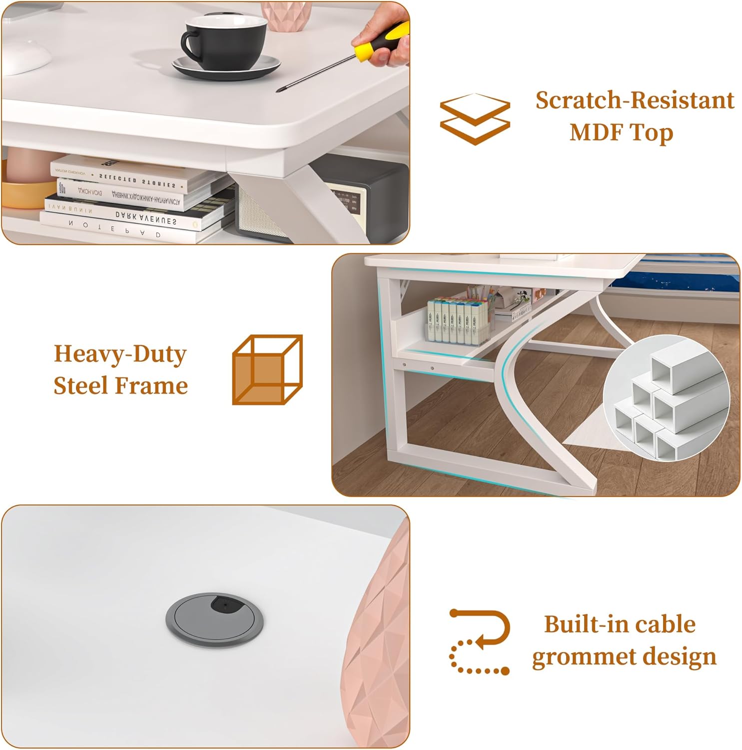 47 inch Computer Desk, Home Office Desk with Storage Shelf, Sturdy U-Shaped Metal Frame Study Table with Cable Management, Gaming Desk for Office & Bedroom, White
