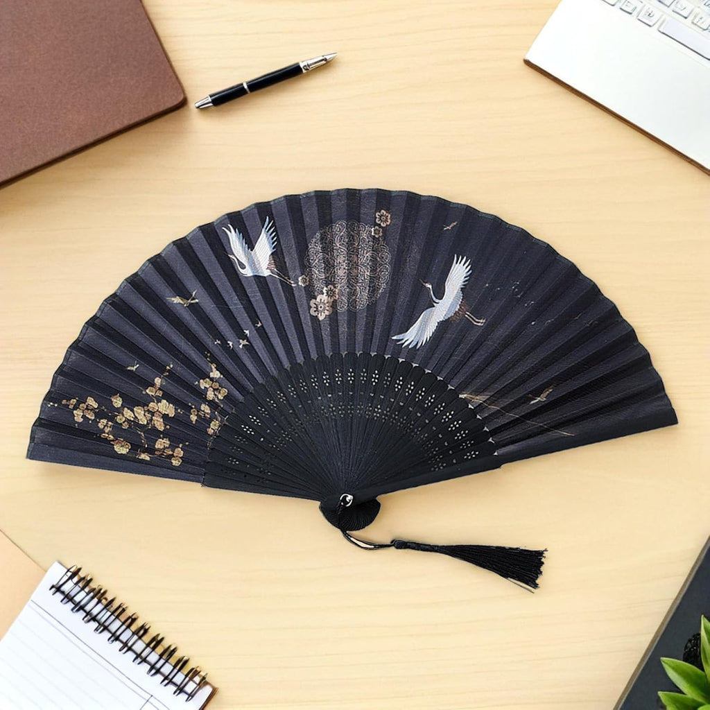 Chinese Style Handheld Folding Fan Vintage Classic Hand Fan for Wedding Dance Party Photo Prop with Crane Pattern