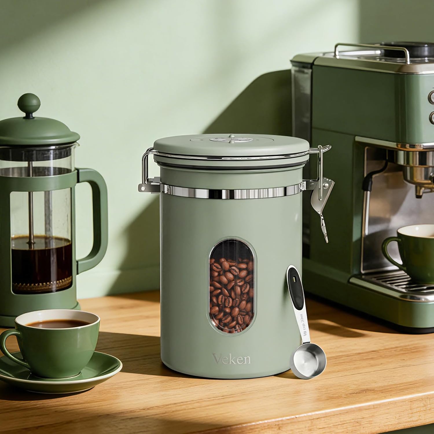 Veken Coffee Canister with Window, Airtight Stainless Steel Kitchen Food Storage Container with Lids, Date Tracker and Scoop for Ground, Beans, Tea, Flour, Cereal, Sugar Jars, 22OZ, Green