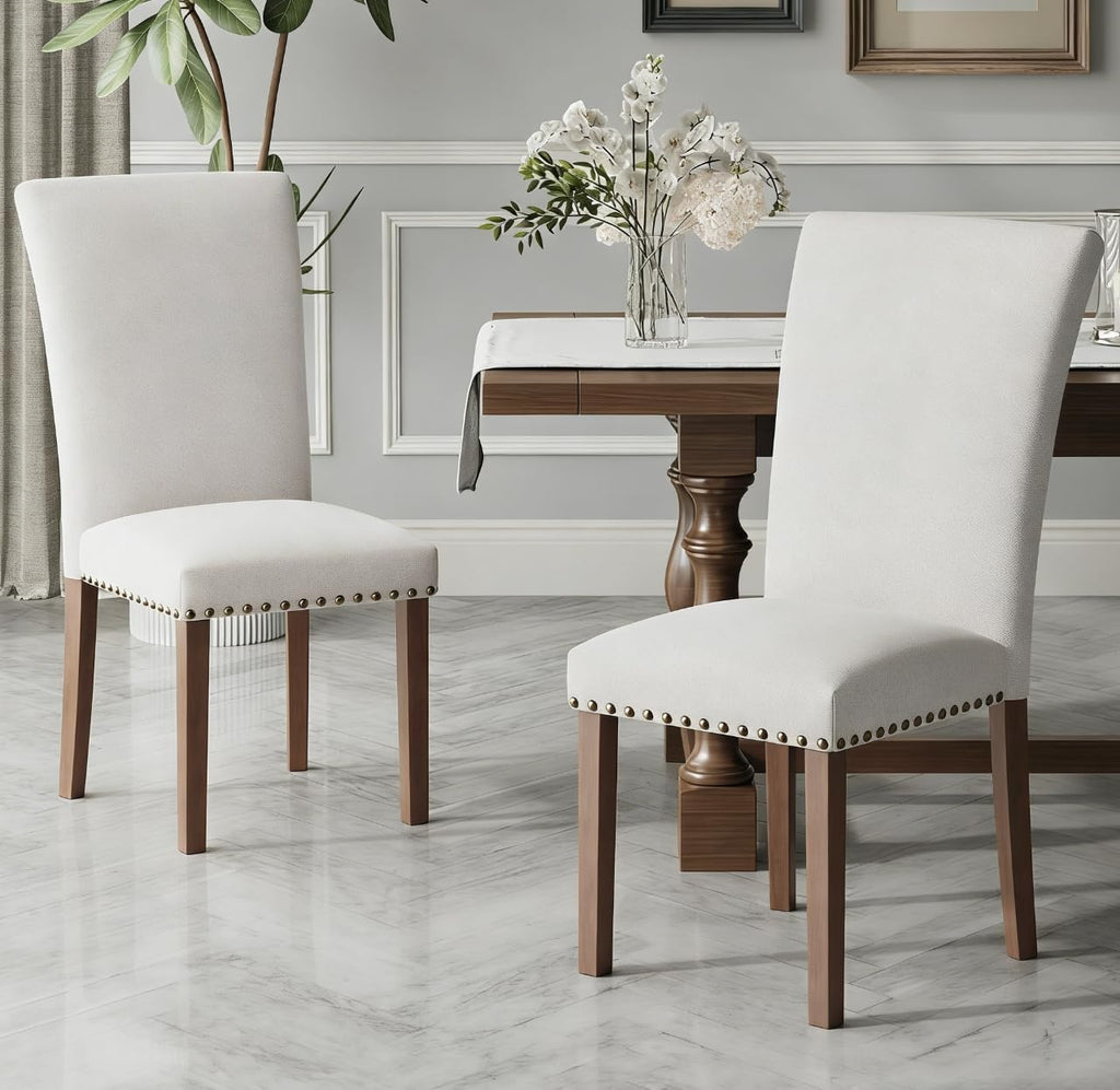 Set of 2 Beige Upholstered Dining Chairs – Farmhouse Kitchen Chairs with High Back, Solid Rubberwood Legs, Padded Foam Seat & Bronze Nailhead Trim, Comfortable Dining Room Chairs for Home, Living Room