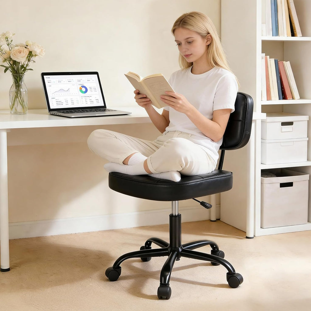 DUMOS Home Office Desk Chair - Ergonomic Armless PU Leather Computer Rolling Task Chair，with Comfy Lumbar Support and Height Adjustable, Vanity, Bedroom, Living Room, Black