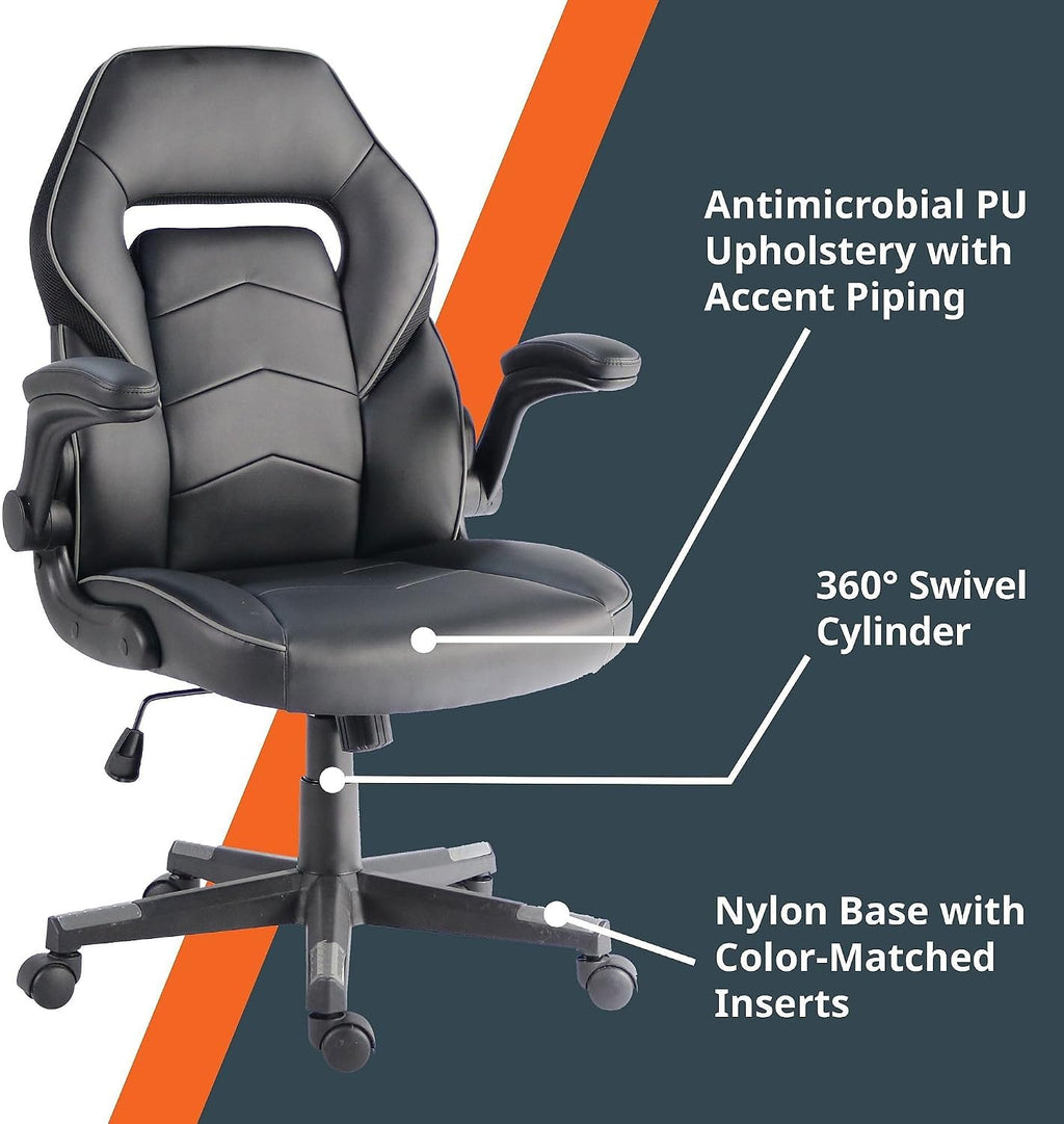 NuSparc SpawnSafe Gaming Chair, Adjustable Height, Flip-up Armrests, 360° Swivel, Black/Grey
