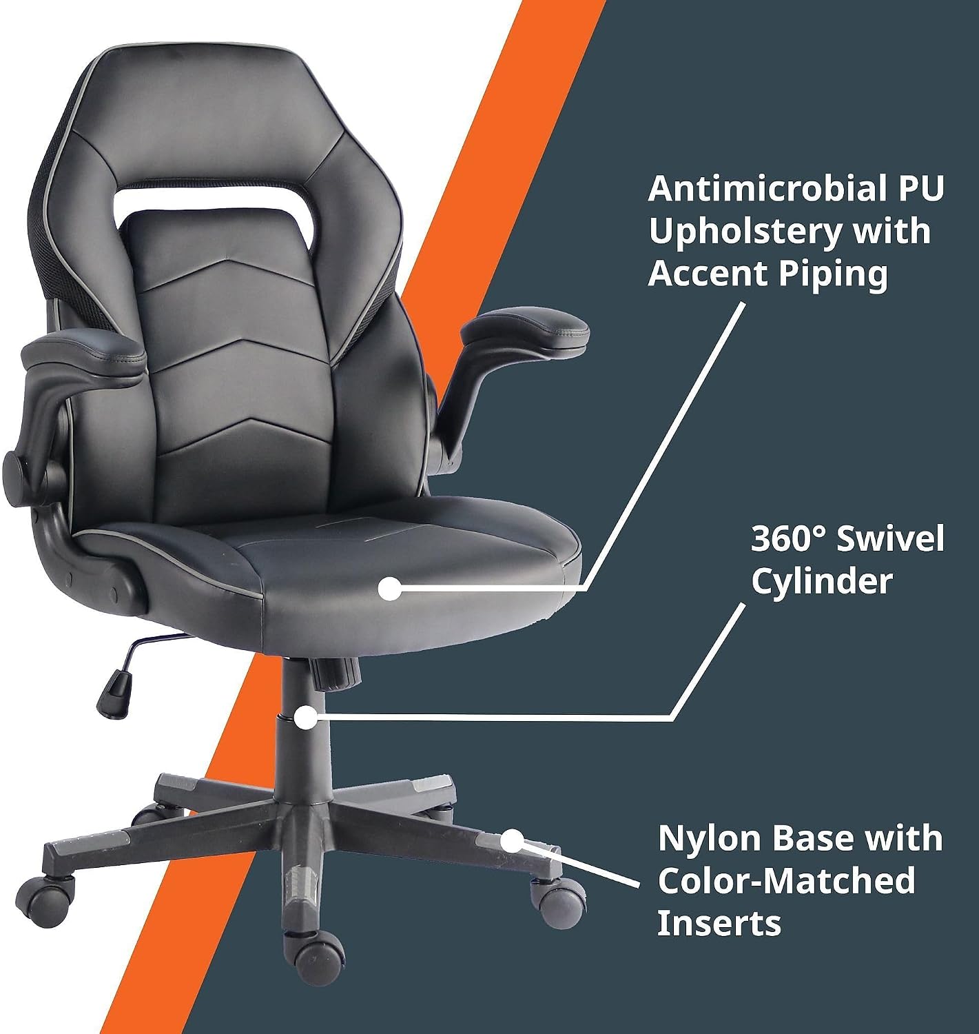 NuSparc SpawnSafe Gaming Chair, Adjustable Height, Flip-up Armrests, 360° Swivel, Black/Grey