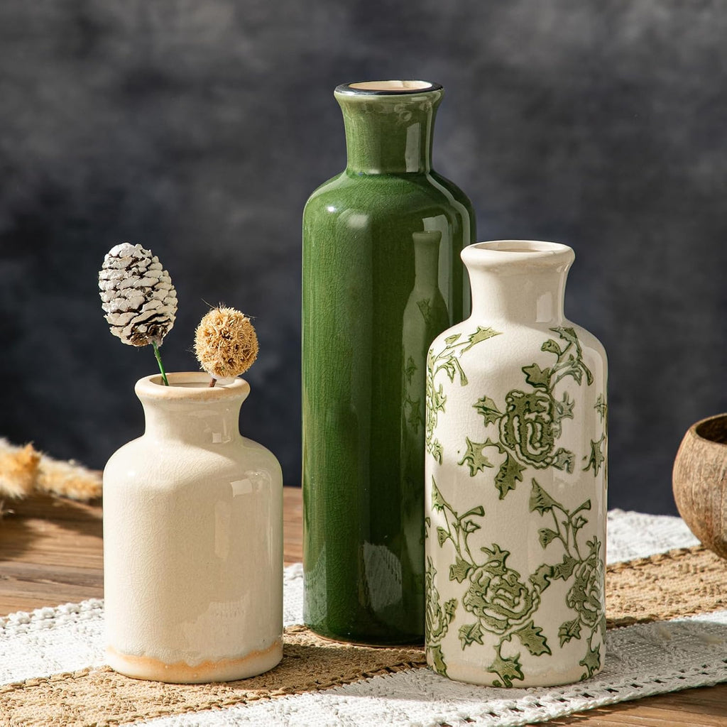 Rustic Ceramic Vase Set of 3, Flower Vases for Farmhouse Decor, Kitchen Living Room Table Centerpieces Decoration, Shelf, Mantel and Entrance Decorations-Multicolor.