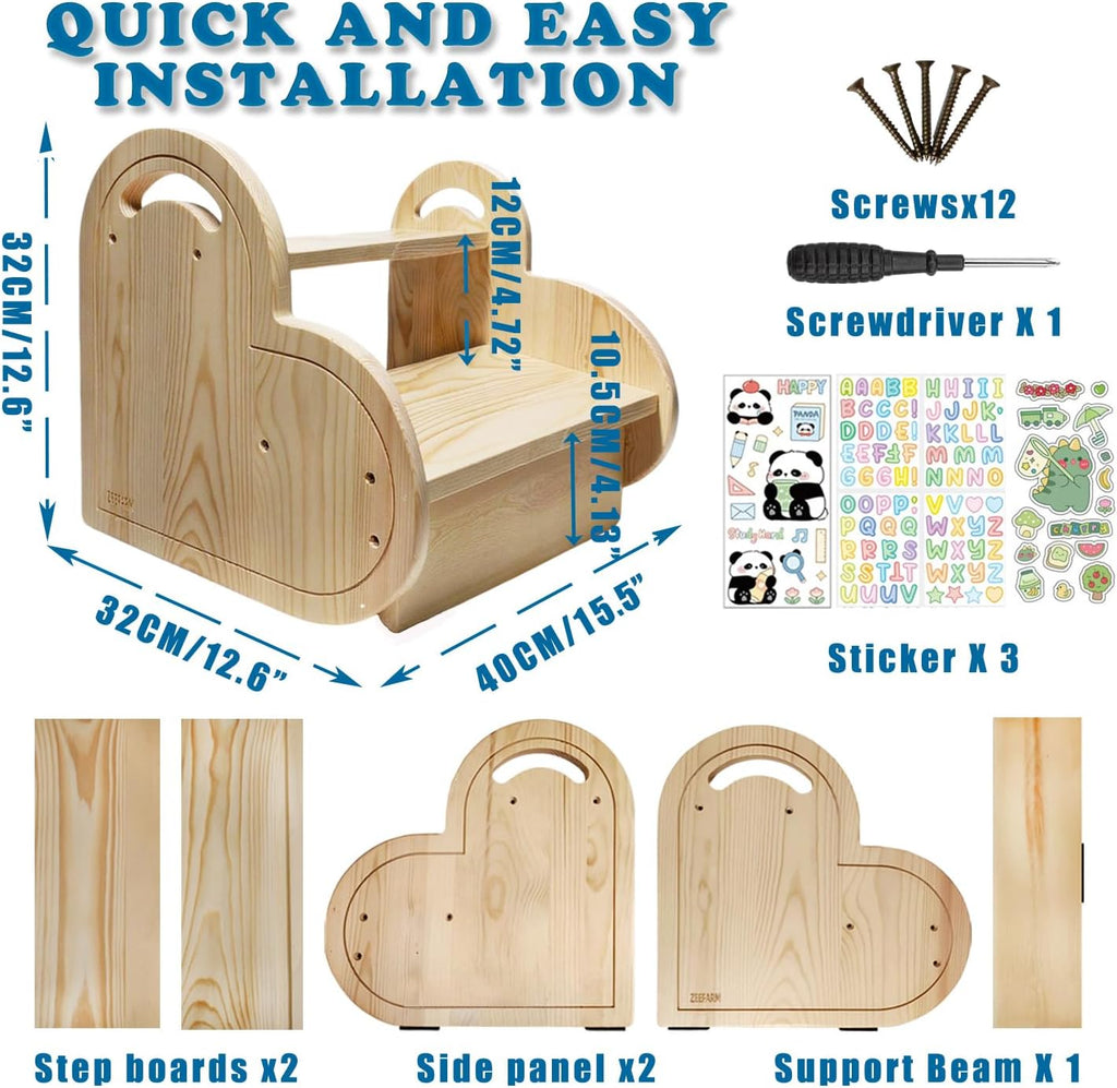 Wooden Stool with 2 Steps for Bedroom Kitchen High Shelves, Small Step Stool with Non-Slip Pads for Toddler Toilet Potty Training, Bathroom Sink, Step Ladder for Adults and Kids