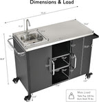 JIJIWANG 55.5" Outdoor Kitchen Island with Stainless Steel Sink, Outdoor Bar Cart Sink Station with 4 Lockable Wheel for Pizza Prep & BBQ Black