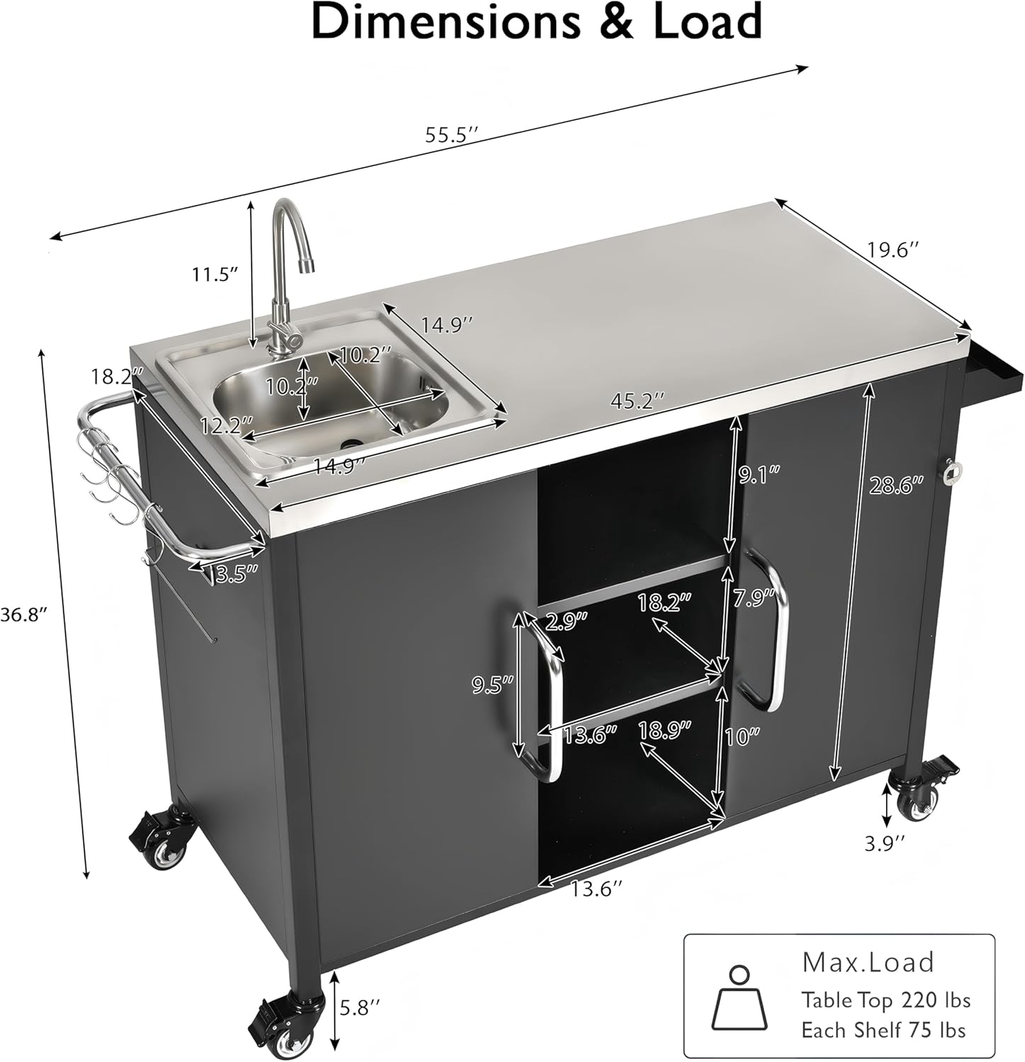 JIJIWANG 55.5" Outdoor Kitchen Island with Stainless Steel Sink, Outdoor Bar Cart Sink Station with 4 Lockable Wheel for Pizza Prep & BBQ Black