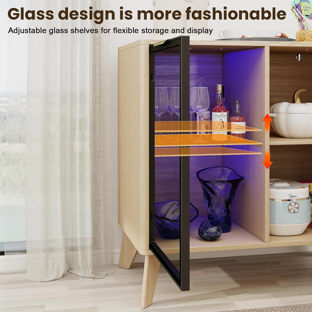 Fluted Buffet Cabinet with Storage, Small Coffee bar Cabinet with Adjustable Shelf for Kitchen, Wood Buffet Cabinet Sideborad with Glass Door, Buffet Storage Cabinets for Living Room
