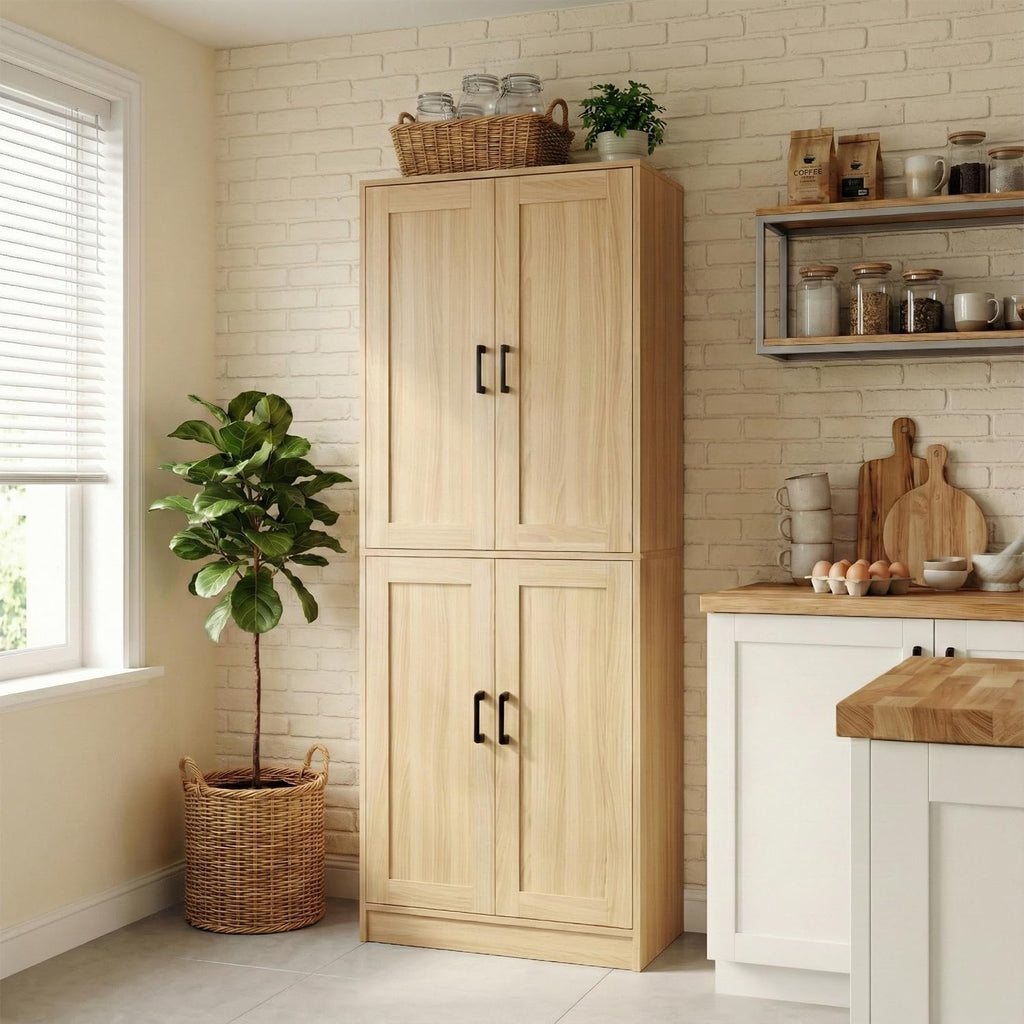 DIYART 71" Tall Kitchen Pantry Cabinet, Freestanding Food Storage Organizer with Doors & Adjustable Shelves, Large Utility Hutch Cupboard for Dining Room, Kitchen & Home Office, Oak