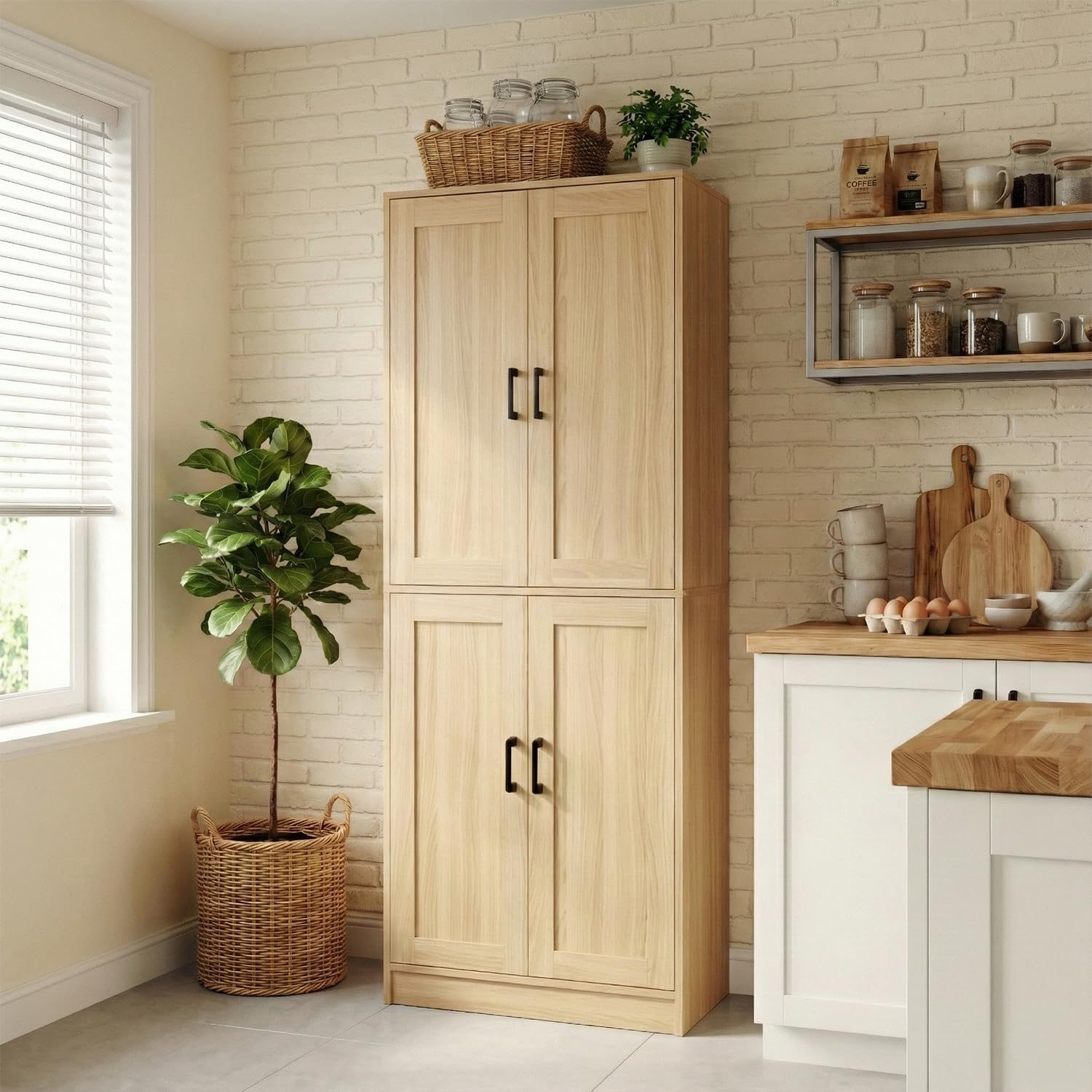 DIYART 71" Tall Kitchen Pantry Cabinet, Freestanding Food Storage Organizer with Doors & Adjustable Shelves, Large Utility Hutch Cupboard for Dining Room, Kitchen & Home Office, Oak