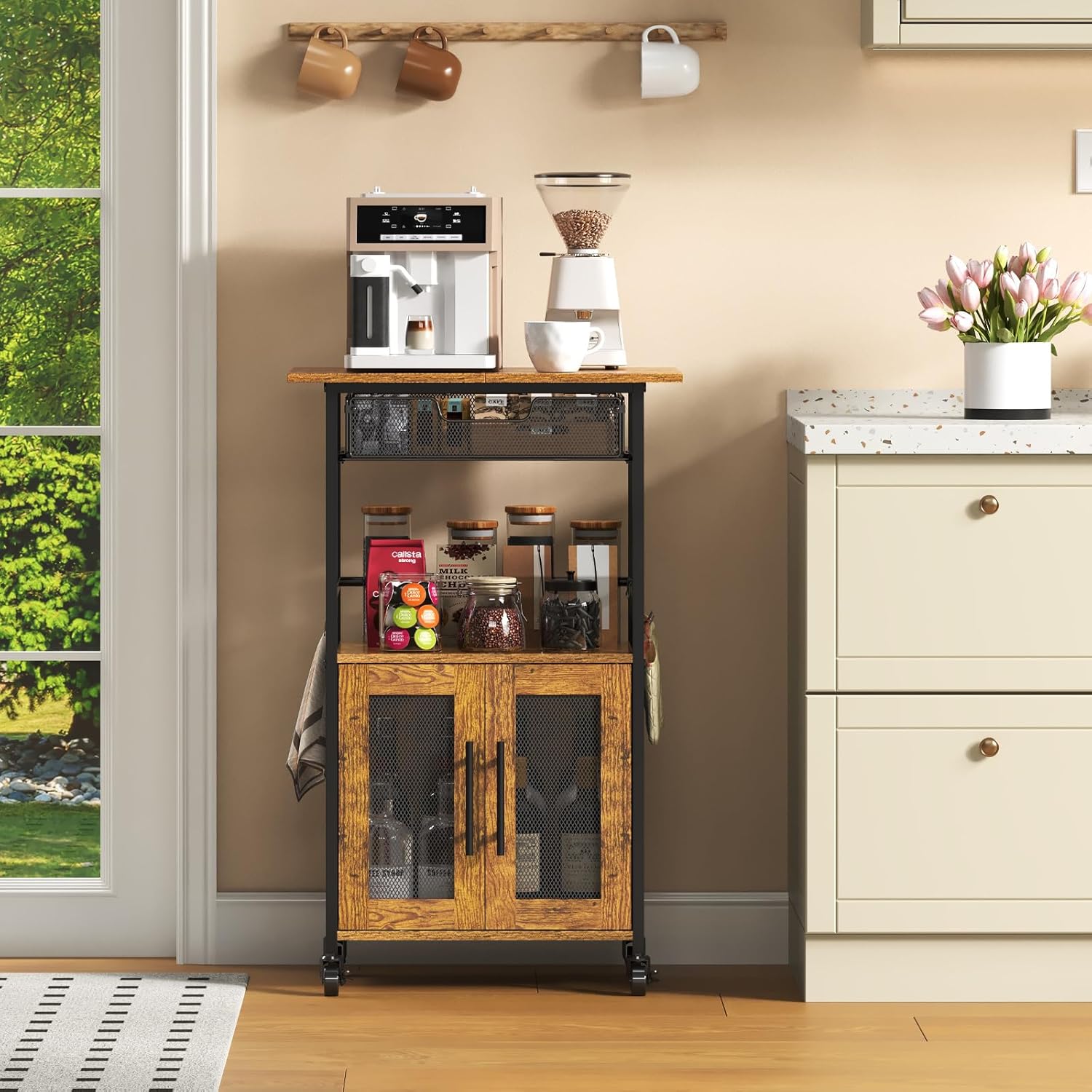 3 Tier Slim Rolling Coffee Cart with 2-Door & Pull-Out Wire Basket Drawer, Coffee Bar Cabinet on Lockable Casters, 32.7" H Microwave Cart with Storage for Home, Kitchen, Dining Room (Rustic Brown)
