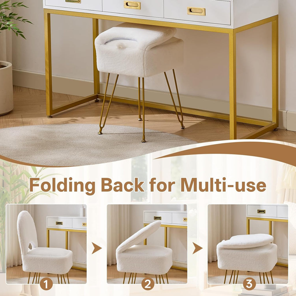 Gitrah White Vanity Chair with Storage, Folding Back Faux Fur Vanity Stool, Makeup Ottoman with Gold Legs for Bedroom/Bathroom