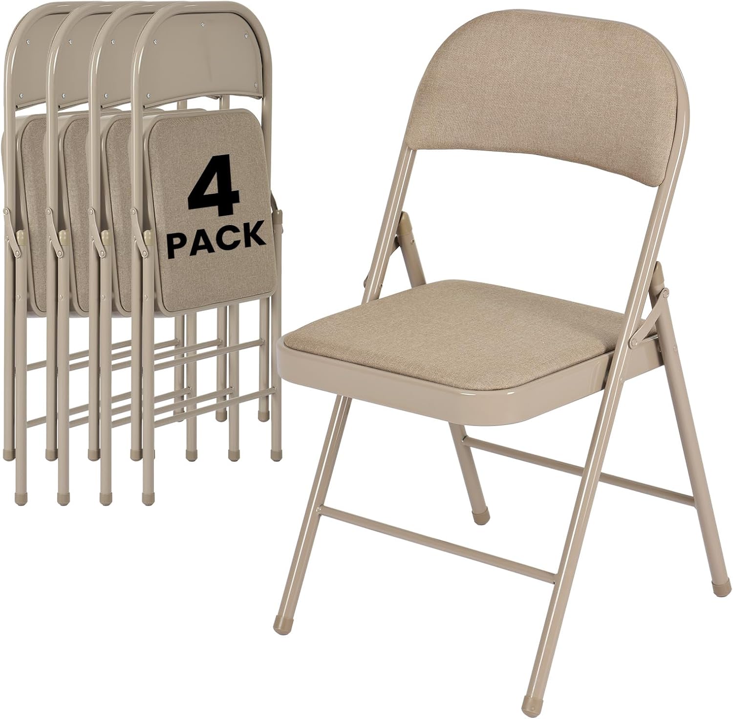 4 Pack Folding Chairs, Fabric Dining Chair Set with Padded Cushion and Back, Indoor Outdoor Seat for Home Office, Parties, Events, Wedding, Extra Guest Seating, Desert Khaki
