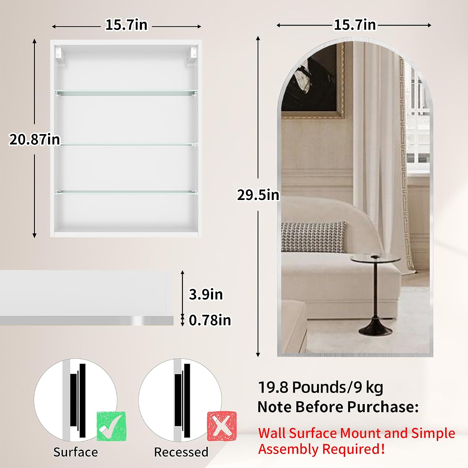 FKWin Arched Medicine Cabinets with Mirror, Bathroom Mirror with Storage, Aluminum Alloy Bathroom Cabinet, Modern Bathroom Wall Cabinet with 3 Adjustable Shelves, Not Recessed, 29.5"x15.7",Silver