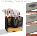 Kitchen Utensil Holder Countertop, Extra Large Utensil Organizer with Drawer, 2 Tier Utensil & Silverware Holder for Counter, Countertop Organizer for Cooking Utensil Cutlery, Quick Dry Diatomite Base