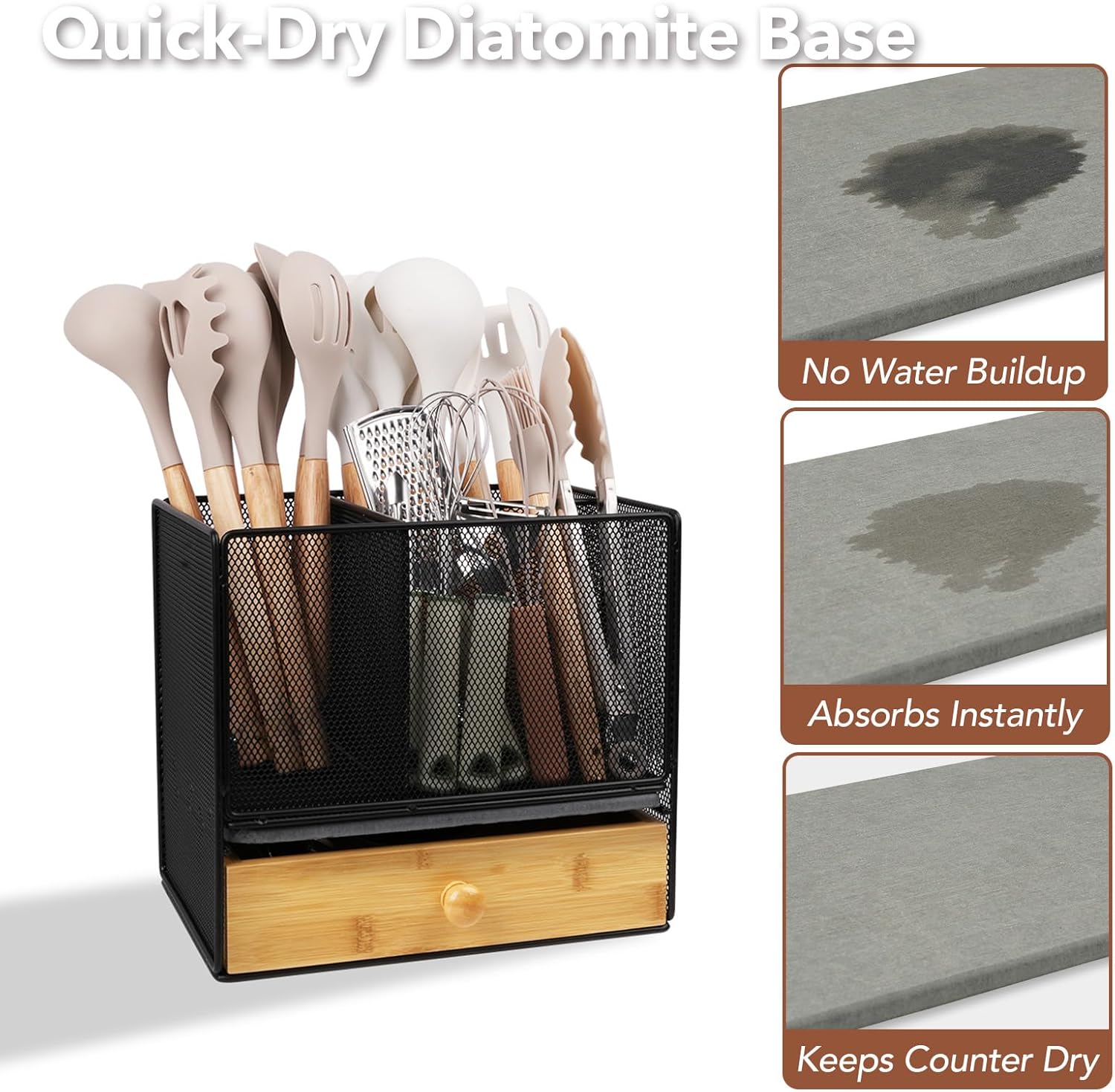 Kitchen Utensil Holder Countertop, Extra Large Utensil Organizer with Drawer, 2 Tier Utensil & Silverware Holder for Counter, Countertop Organizer for Cooking Utensil Cutlery, Quick Dry Diatomite Base
