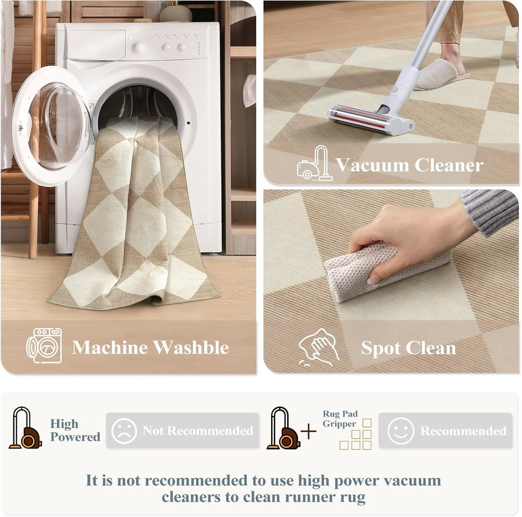 Beeiva Checkered Print Carpet Runners for Hallway 6ft, Beige Ultra Thin Washable Kitchen Runner Rug Non Slip, Moroccan Plaid Checkerboard Decor Faux Wool 2x6 Rug for Bedroom Bathroom Entryway