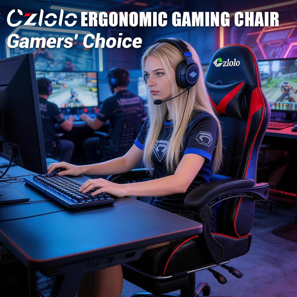 Czlolo Gaming Chair with Footrest Racing Style Lumbar Support Massager Video Game Chair with Metal Legs, High Back Reclining Gamer Chair with Headrest, 360° Swivel Office Computer Desk Chair (Red)