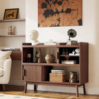 ONBRILL 44" Sideboard Buffet Cabinet with Outlet & 2 Open Storage Spaces, Fluted Sideboard Cabinet with Sliding Door & Adjustable Shelves, Mid-Century Accent Coffee Bar Console Table with Wooden Feet