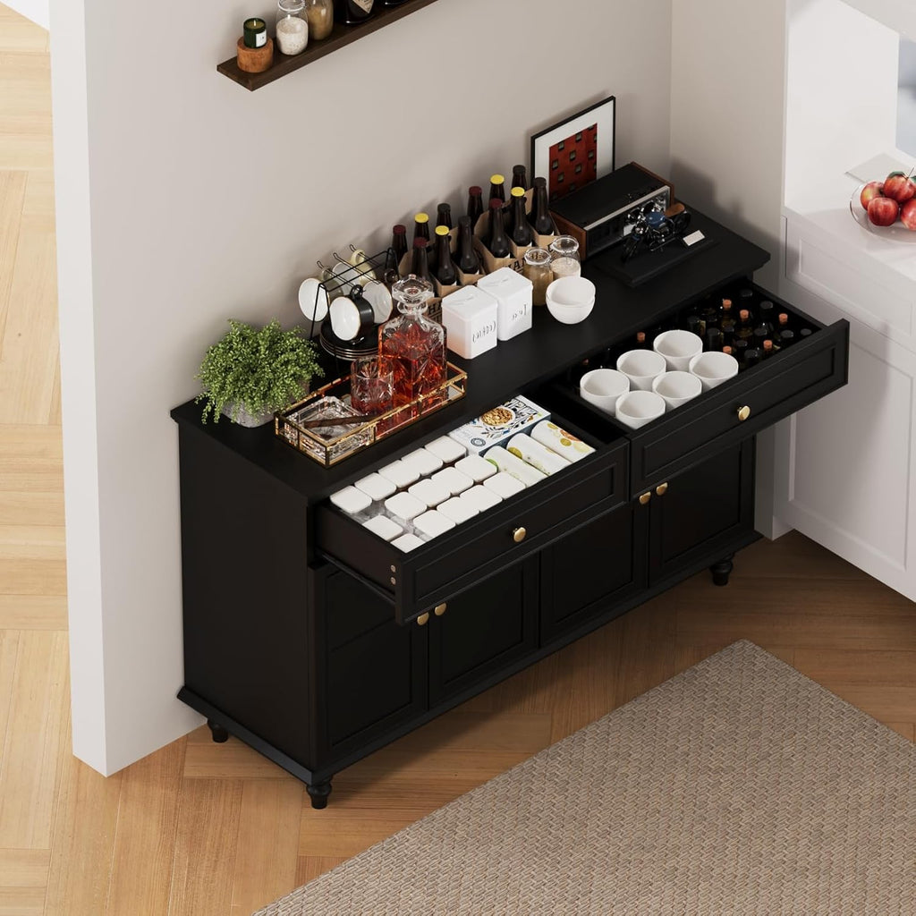 PROXRACER 48" Farmhouse Sideboard Buffet Cabinet with 2 Drawers & 4 Doors, Large Storage Spaces with Adjustable Shelves, Rustic Kitchen Dining Room Cabinet, Black