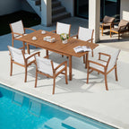 Acacia Wood Patio Dining Chairs Set (White, 8 Pieces) | Outdoor Chair Set with Breathable Textilene Fabric, Metal Support Bars, Curved Armrest, Supports 350lbs For Lawn, Garden