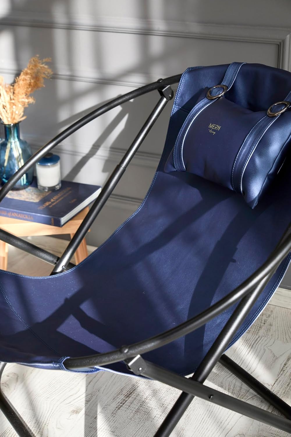 Leather Folding Chair - Luxury Papasan Chair, Sling Accent Chair, Round Saucer Chair for Patio, Garden, Beach, Living Rooms and Bedrooms, Modern Furniture (Faux Leather, Indigo)