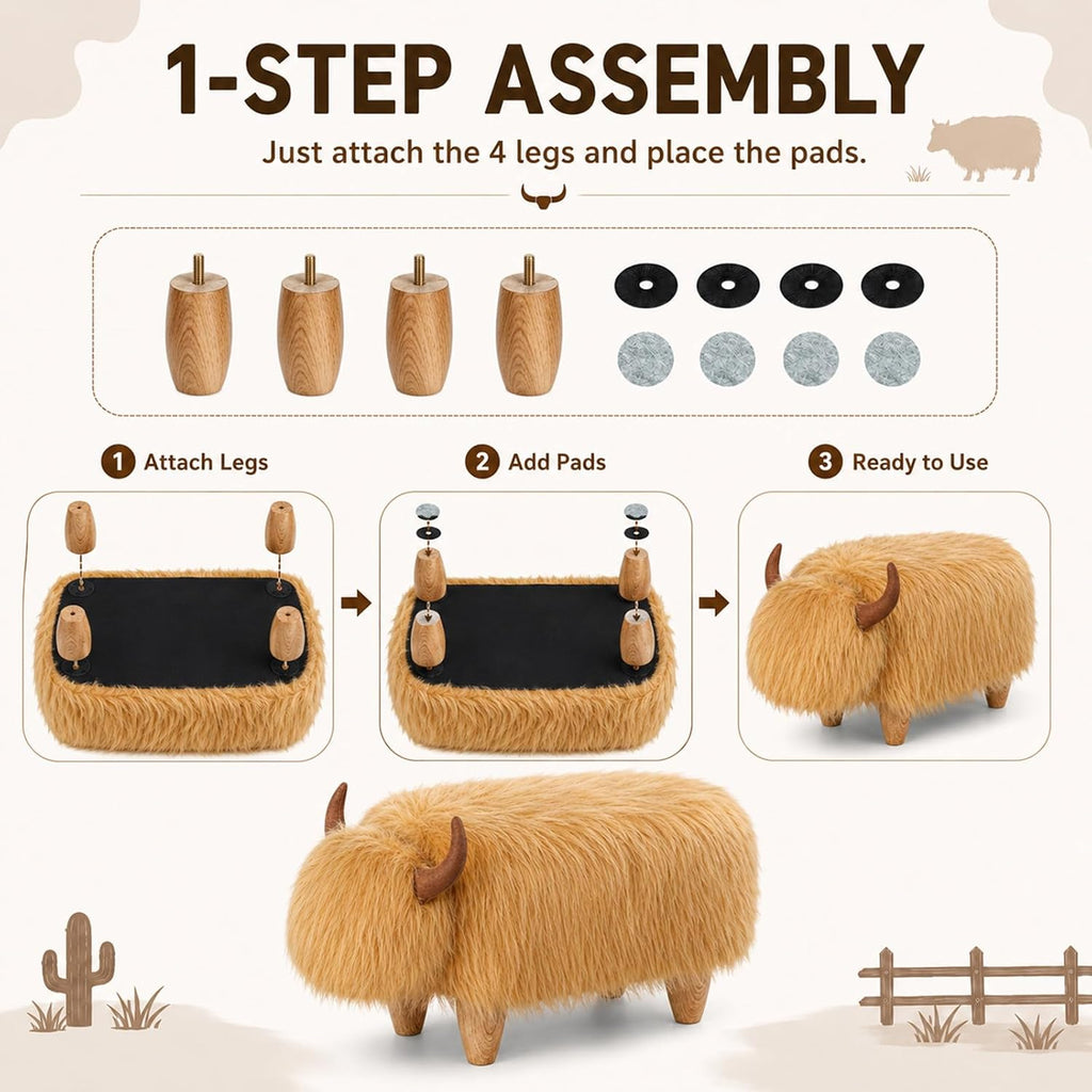 Cow Storage Ottoman, Shorthorn Dairy Cow Footstool with Storage, Animal Shaped Stool with Wooden Legs, Faux Suede Foot Rest for Living Room, Kids Bedroom Nursery Seat (Brown1)